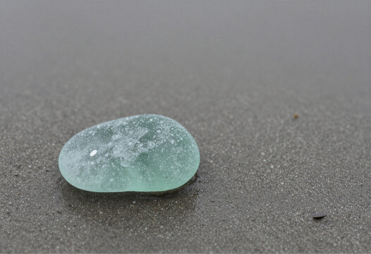 Macro of a single smooth, frosted piece of pale green sea glass resting on wet sand, copy space