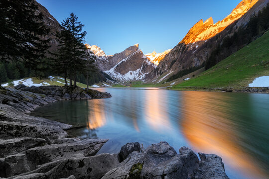 Mountain landscape and Seealpsee in the Alpstein massif, Appenzell Innerrhoden, Switzerland