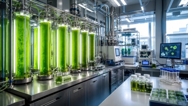 Laboratory setting with tall glass bioreactors and various green samples during a research session focused on algae cultivation