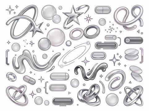 Y2k monochrome chrome abstract 3D design elements and metallic shapes with chrome icons silver elements futuristic ico