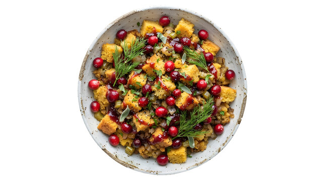 Bowl of savory cornbread stuffing with fresh cranberries and herbs isolated on transparent background