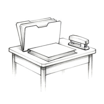 Hand drawn sketch of office stationery including open file folder and stapler on a desk, professional charcoal pencil illustration of workplace organization and administrative supplies