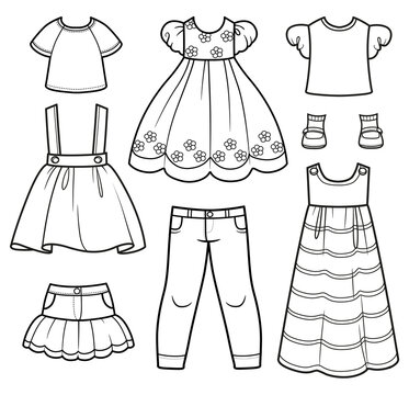 Girls clothes separetly skirt dress blouse jeans and sundress set outline for coloring on a white background