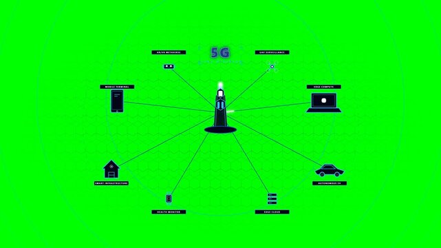 High-end 4K seamless loop motion graphic featuring a precision 5G cyber tower, animated typography at the apex, and 8 fully detailed smart endpoint devices.