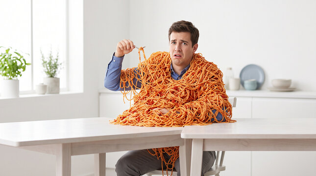 Man buried under huge pile of spaghetti in funny food overload concept