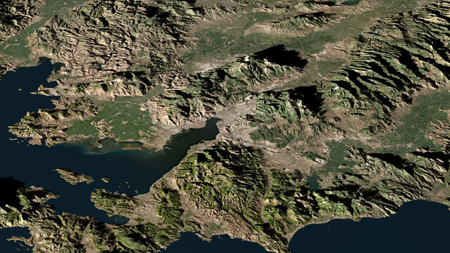 Oblique aerial 3D illustration of Izmir, T&uuml;rkiye