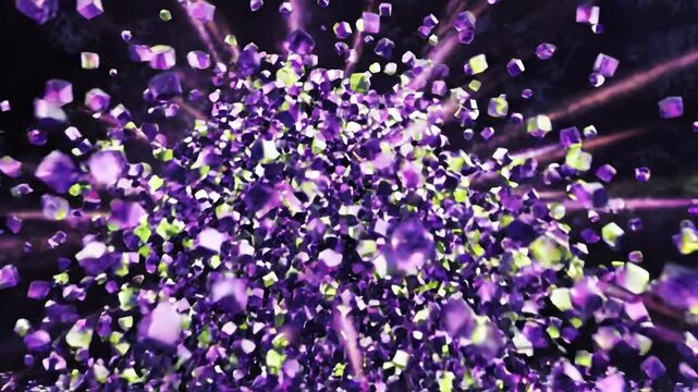 Abstract purple and green cubic monolith exploding in dark void