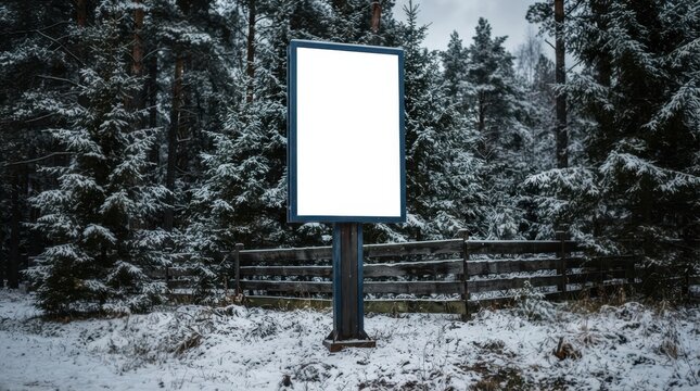 Blank vertical billboard mockup standing in snowy forest clearing with wooden fence background for outdoor advertising campaign