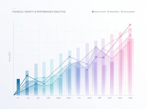 Financial growth chart with upward trend lines and bar graph against a clean background