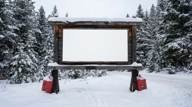 Rustic wooden frame billboard mockup standing in snowy winter wilderness with red sandbags for stability and pine forest