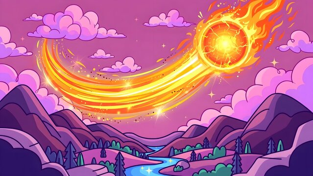 Cartoon Meteor Impact Vector Illustration with Fiery Asteroid over Stylized Mountain Valley in Twilight Sky