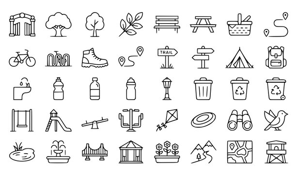 Park Outdoor Nature and Recreation Thin Line Vector Icon Collection