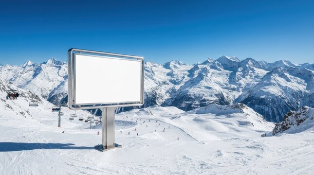Horizontal blank billboard mockup on snowy mountain peak overlooking ski resort with blue sky and winter alpine vista