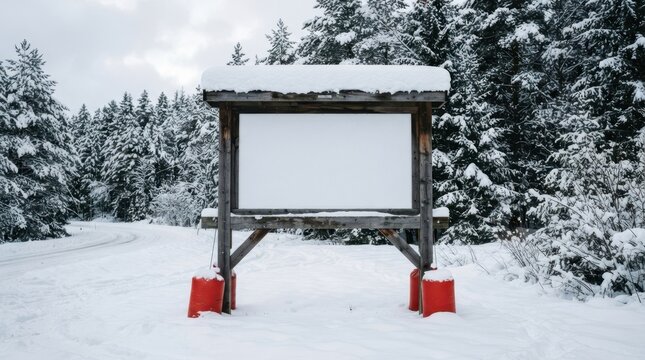 Horizontal wooden billboard mockup in winter setting with snow-covered roof and red stabilizing weights in forest area