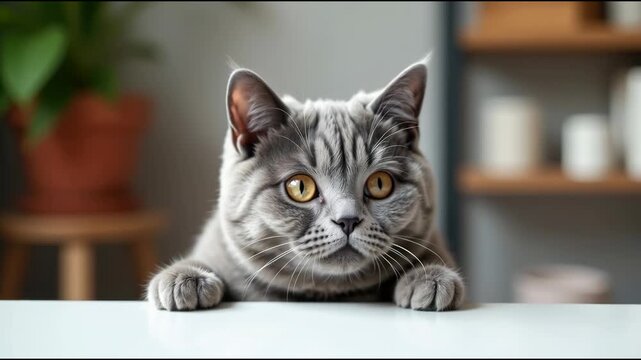 A gray cat sits calmly on top of a table