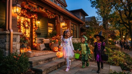 Fototapeta premium Trick-or-Treat Adventure: Three excited children in colorful Halloween costumes – a fairy, a dinosaur.