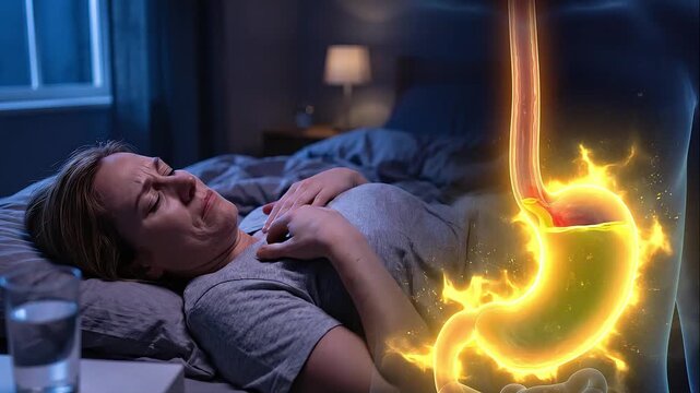 Woman Waking Up in Pain from Nighttime Heartburn with Glowing Stomach Graphic