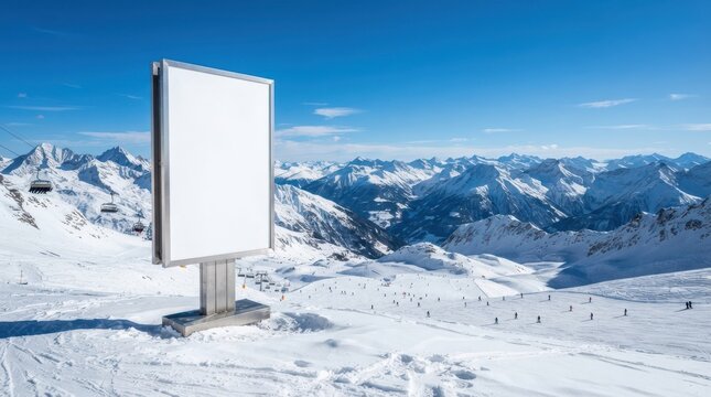 Vertical blank billboard mockup on snowy mountain slope with ski resort view and clear blue sky background for branding
