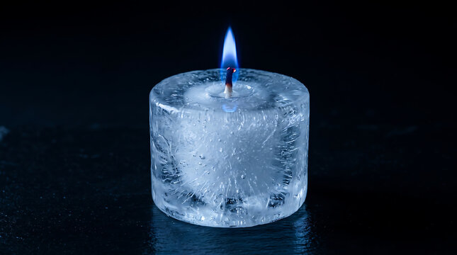 Cylindrical ice block containing burning candle with blue flame glowing against dark background for conceptual contrast between heat and coldness.
