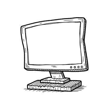 Hand drawn computer monitor display featuring empty screen area created in a simple black and white doodle style for projects