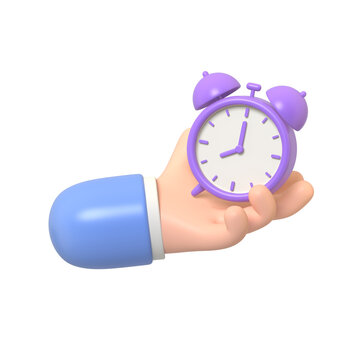 Stylized cartoon hand holding a vibrant purple alarm clock symbolizing urgency punctuality and time management against.3d render