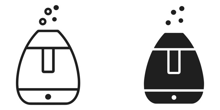Air humidifier in outline and solid styles, showing mist particles, water tank, and base unit health