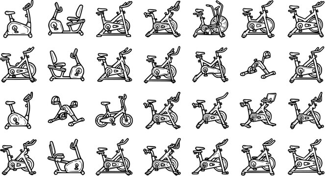 Black and White Line Art Icons of Exercise Bikes and Stationary Cycles, Fitness Equipment