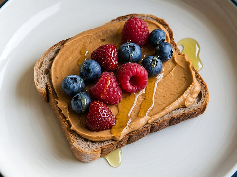 Toast with peanut butter berries and honey on a plate