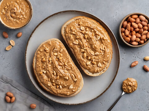 Two slices of bread with peanut butter on a gray plate