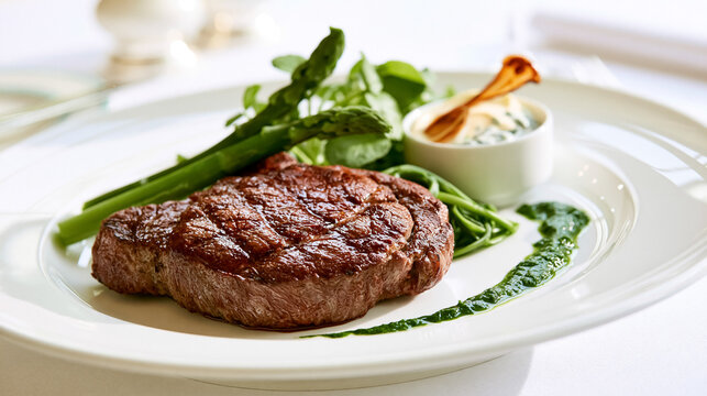 Juicy grilled ribeye steak with crisp asparagus, blanched green beans, fresh watercress, and dipping sauce