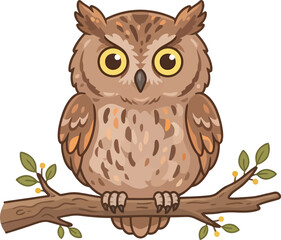 Obraz premium A detailed cartoon illustration of a brown owl perched on a tree branch.