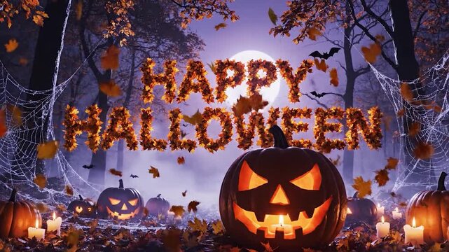 Spooky jack o lantern glows in misty forest with falling leaves and happy halloween text.
