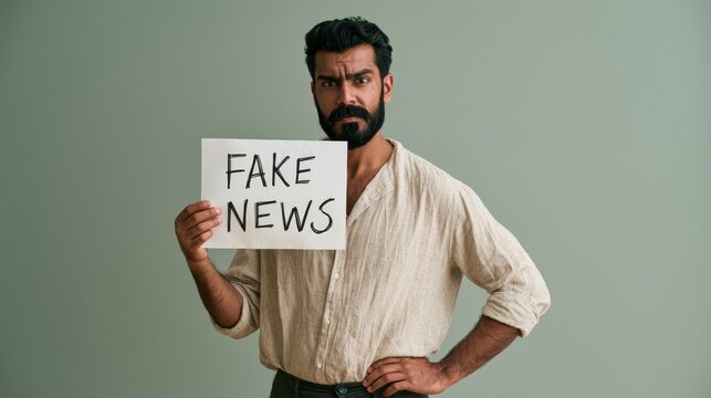 Serious Indian Man Holding Fake News Sign Representing Misinformation and Disinformation