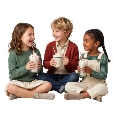 Christmas kids sharing peppermint milkshakes with striped paper straws, colorful festive drink concept for family and youth marketing, on transparent background
