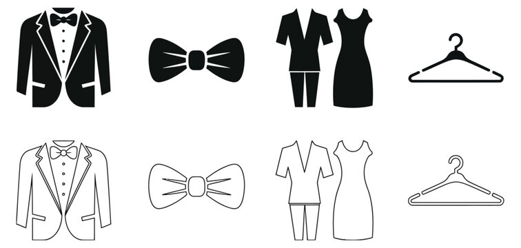 Event dress code icons featuring shirts, suits, ties, and hangers for fashion branding.