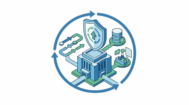 Server building is protected by a security shield in an isometric technology diagram.