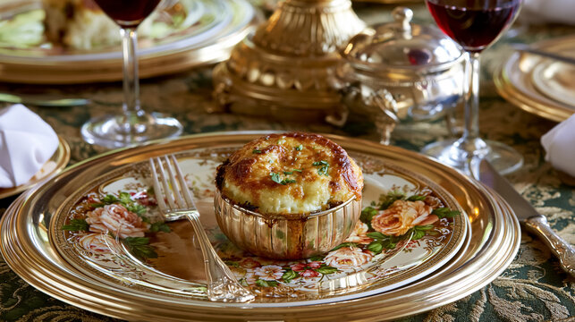 Gourmet individual shepherd's pie serving on a luxurious golden charger and ornate plate, fine dining experience