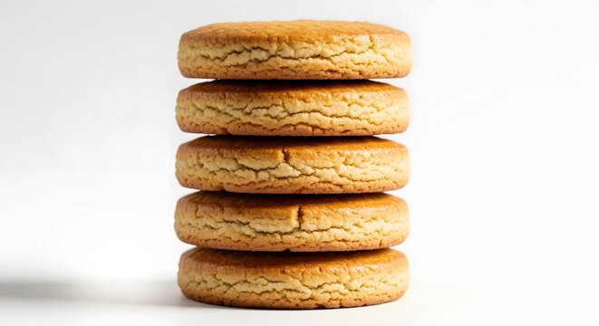 Tall stack of five golden round shortbread cookies