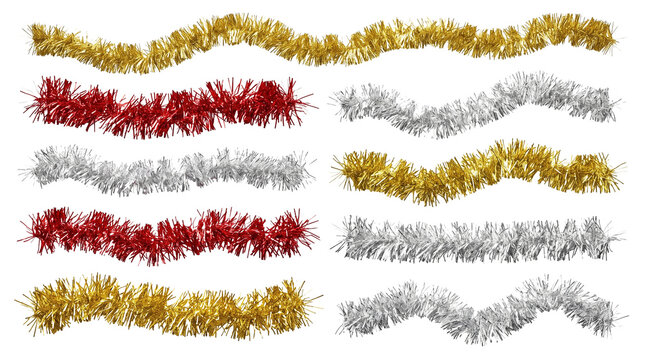 Sparkly metallic Christmas tinsel strands set in gold silver and red