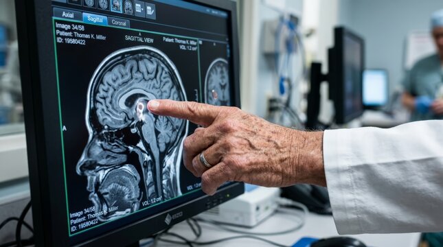 A close up view of a doctor pointing at a brain scan on a monitor during an evaluation of a patient with suspected alzheimer disease showing detailed sagittal views