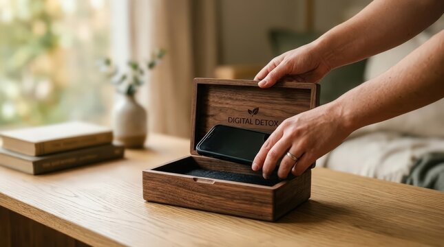 Person placing a smartphone into a wooden digital detox box on a table. This simple act represents a conscious choice to disconnect from technology and reduce screen time.