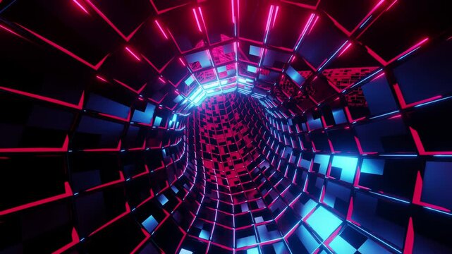 Sci Fi travel tunnel VJ loop with red with blue web neon lights0
