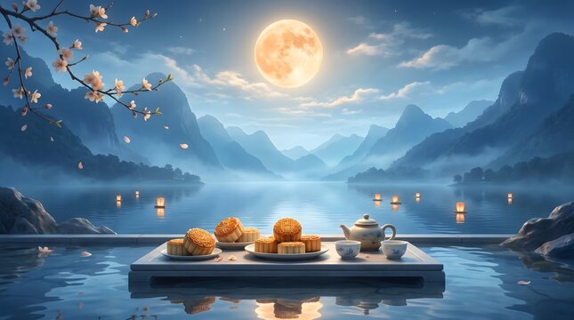 Mid Autumn Festival Mooncakes on Floating Platform with Mountains Under Full Moon at Night