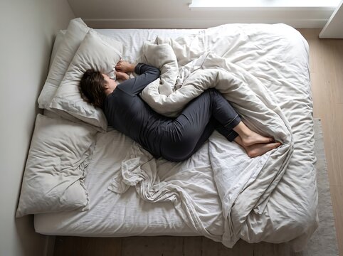 Woman in grey pajamas sleeping on large bed top view