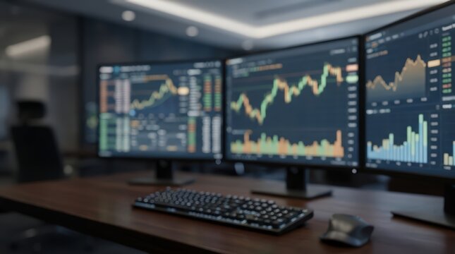 Financial trading desk with multiple monitors displaying stock market charts and data analytics. Professional office workspace features a blurred background and a computer keyboard.