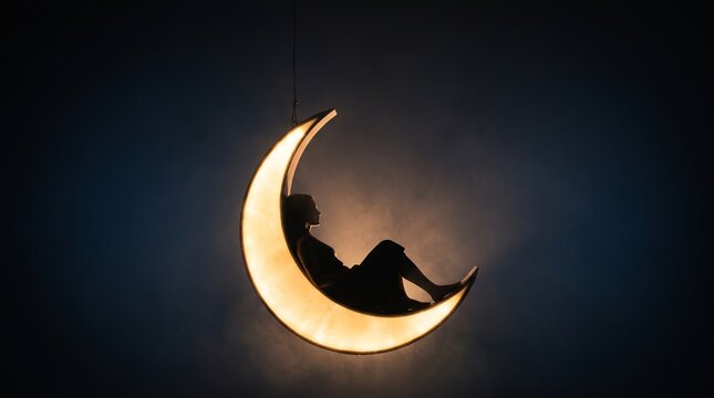 Silhouette of woman sitting on glowing crescent moon swing with copy space
