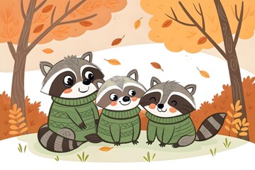 Obraz premium Three cute raccoons sitting together in autumn forest