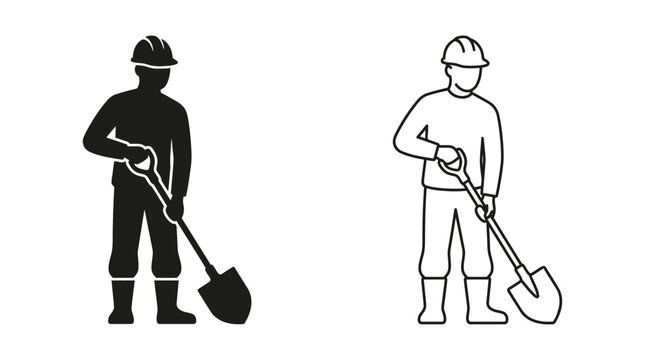 Worker silhouette holding a shovel black and white line art illustration