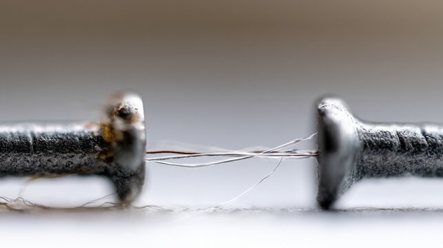 A macro shot of two screws held together by a single thread. The thread is frayed and appears to be on the verge of breaking, symbolizing a delicate connection or a precarious situation