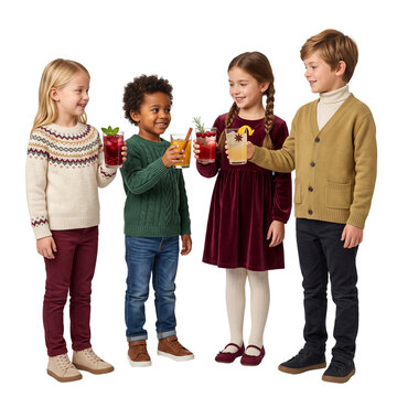 Festive children making a toast with colorful nonalcoholic holiday drinks, joyful group celebration for seasonal events and campaigns, on transparent background